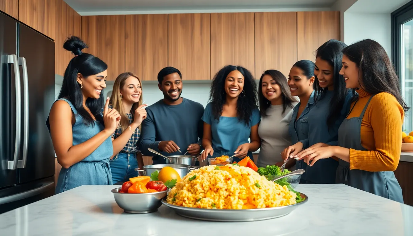 diverse group cooking curry and rice in a modern kitchen.